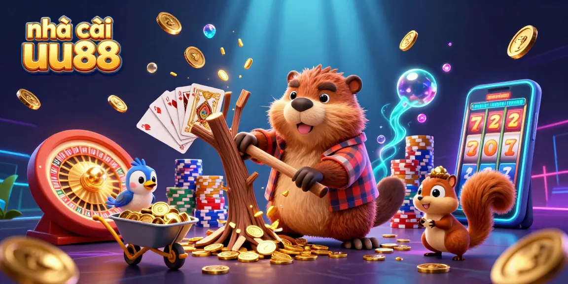Engagingly illustrate nhà cái uu88 with a whimsical beaver character in a lively casino scene filled with golden coins, vibrant colors, and festive elements.