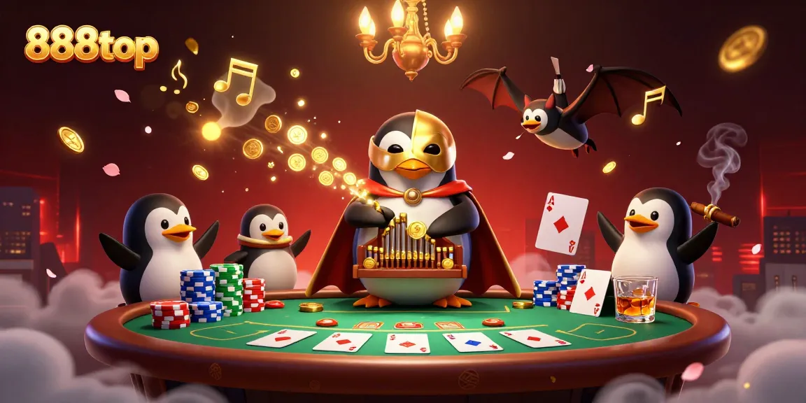 Win big at 888top with an exciting scene of a penguin playing a pipe organ surrounded by vibrant poker elements.