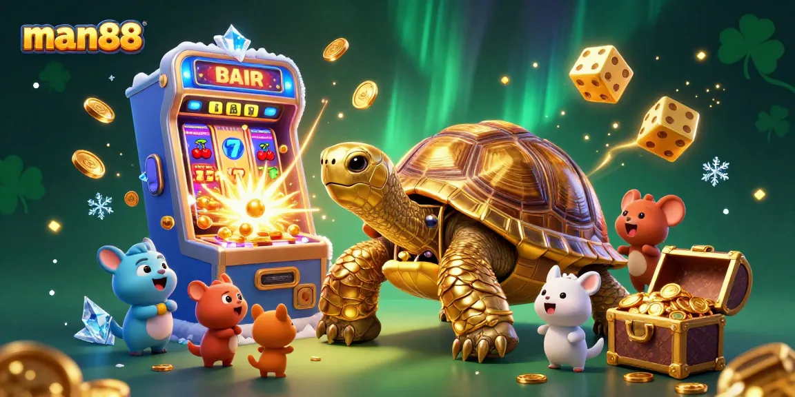 Engage with exciting man88 casino action featuring a golden tortoise pinball machine amidst flying coins and symbols.