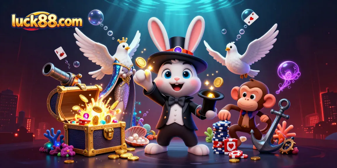 Experience gaming excitement with luck88com as a magician rabbit pulls gold coins surrounded by playful characters.
