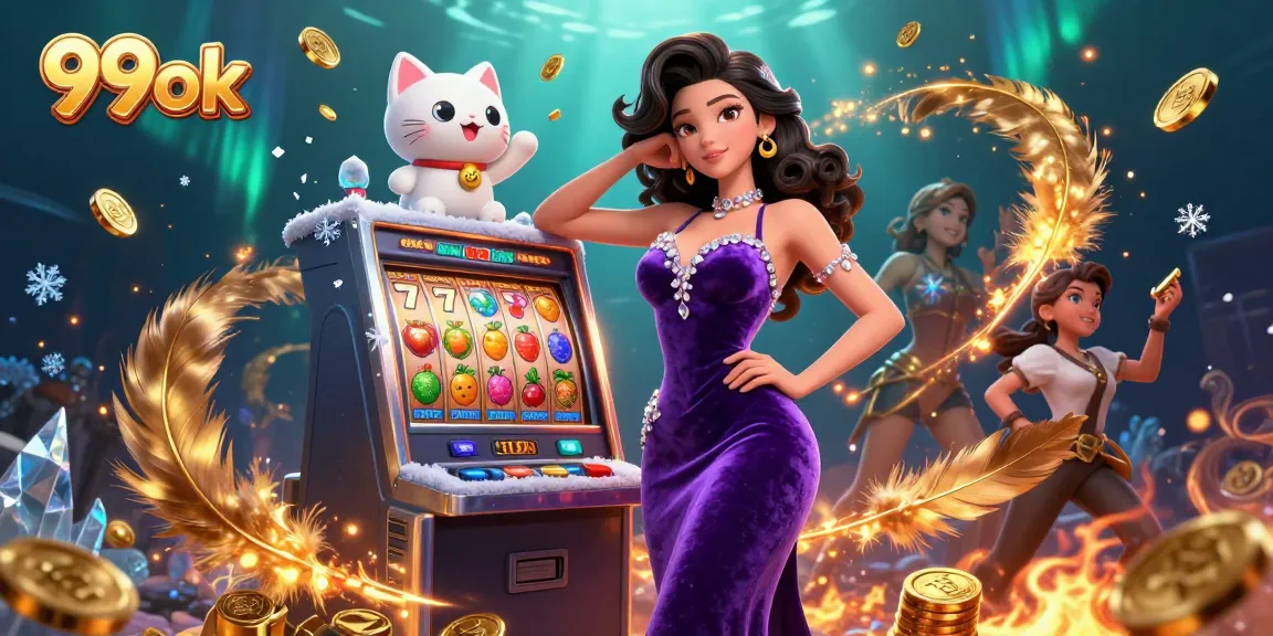 Win big at 99ok with stunning visuals of a jackpot scene featuring a glamorous lady and fortune cat.