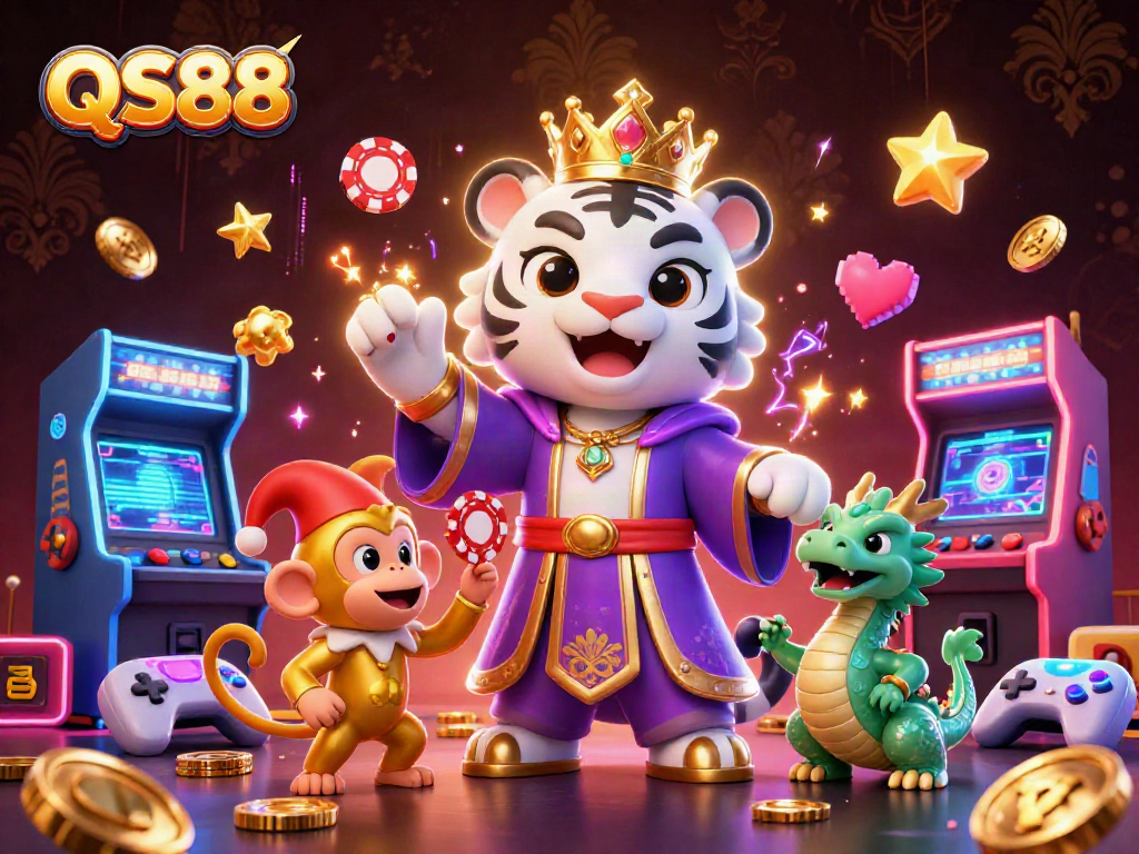 Experience QS88's vibrant gaming scene with a majestic tiger and playful monkey amidst casino excitement.
