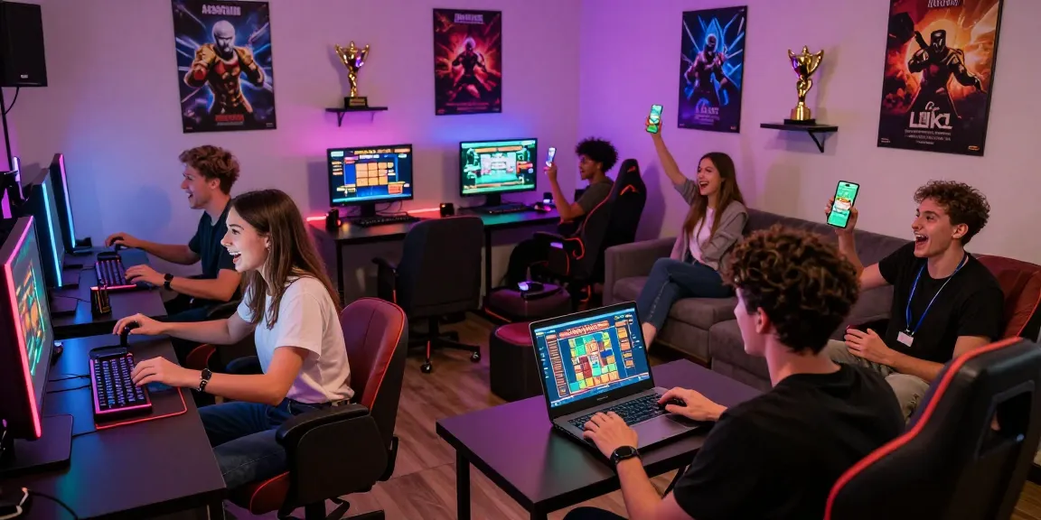 Friends enjoying a victorious moment at happy Luke online casino, celebrating their win with vibrant ambiance and engaging digital gaming.