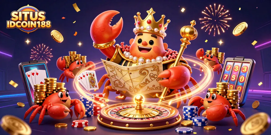 SITUS IDCOIN188 showcases golden crab emperor with scepter among vibrant casino elements in action.