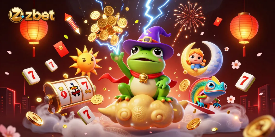 Engage in thrilling gameplay with zbet as the weather wizard frog conjures golden coins in a vibrant casino scene.