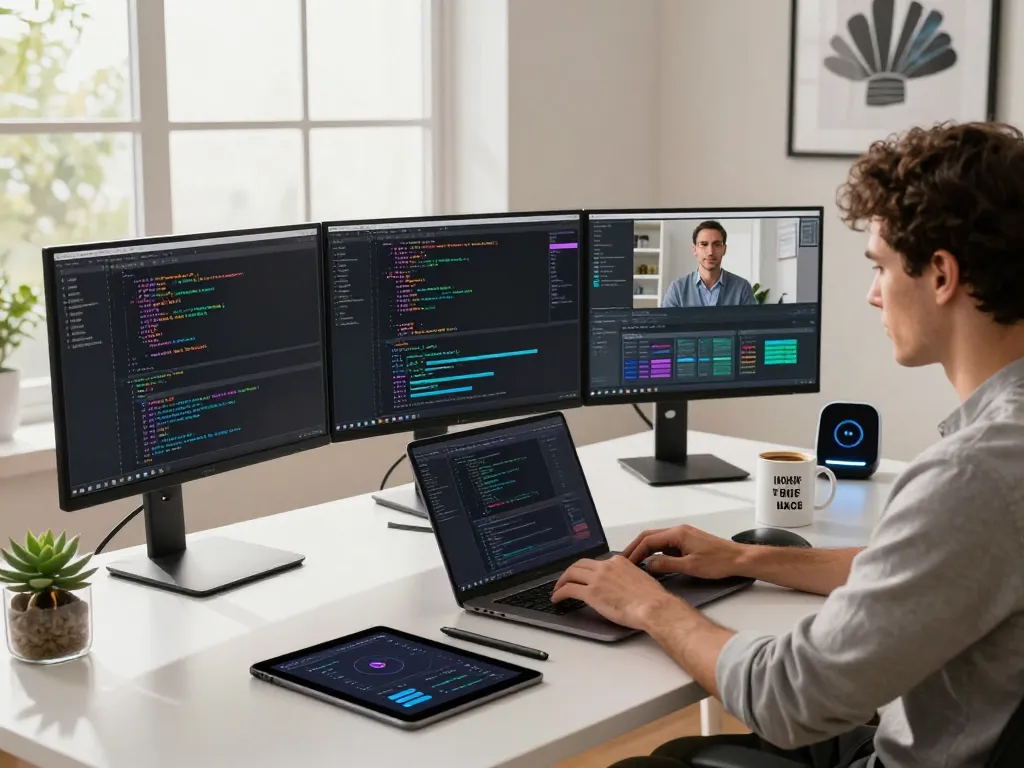 Software engineer coding with openclaw on multiple monitors in a modern workspace