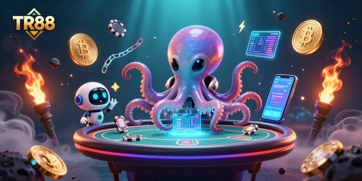 Experience the thrill of TR88 with a vibrant alien poker scene featuring holographic games and crypto elements.