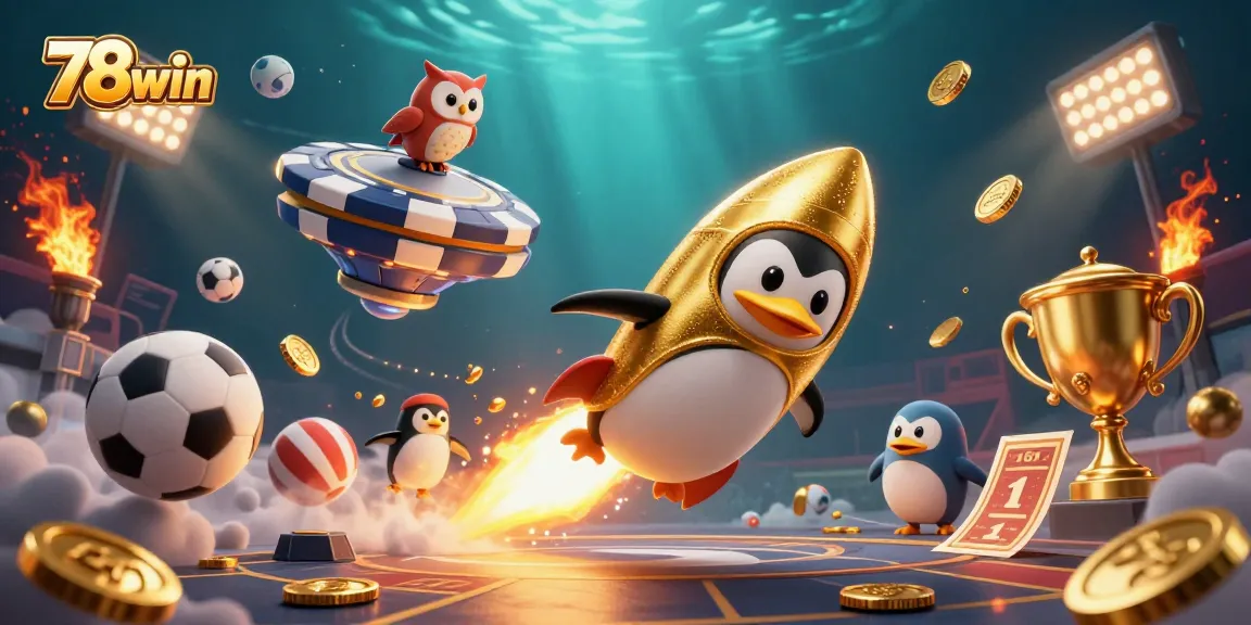 Engage in thrilling gameplay at 78win, where a golden penguin launches into action amidst dynamic sports elements.