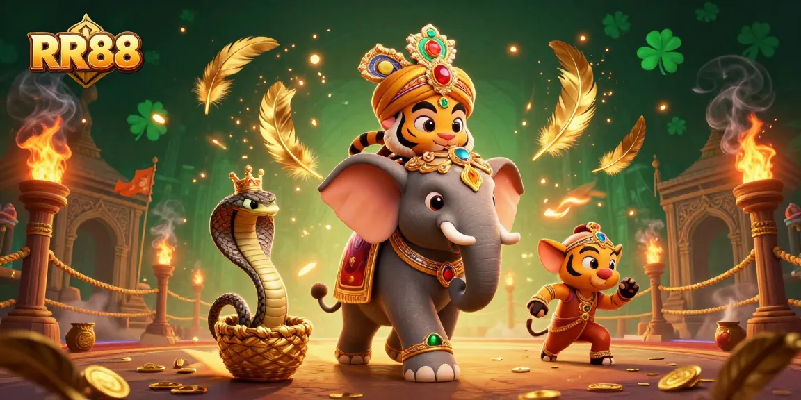 Join RR88 for thrilling casino adventures with a vibrant 3D scene featuring a royal tiger and jewels.