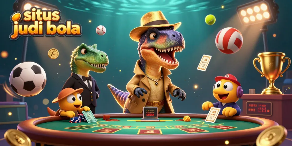 Experience situs judi bola action with a velociraptor at a blackjack table, sports elements flying around.