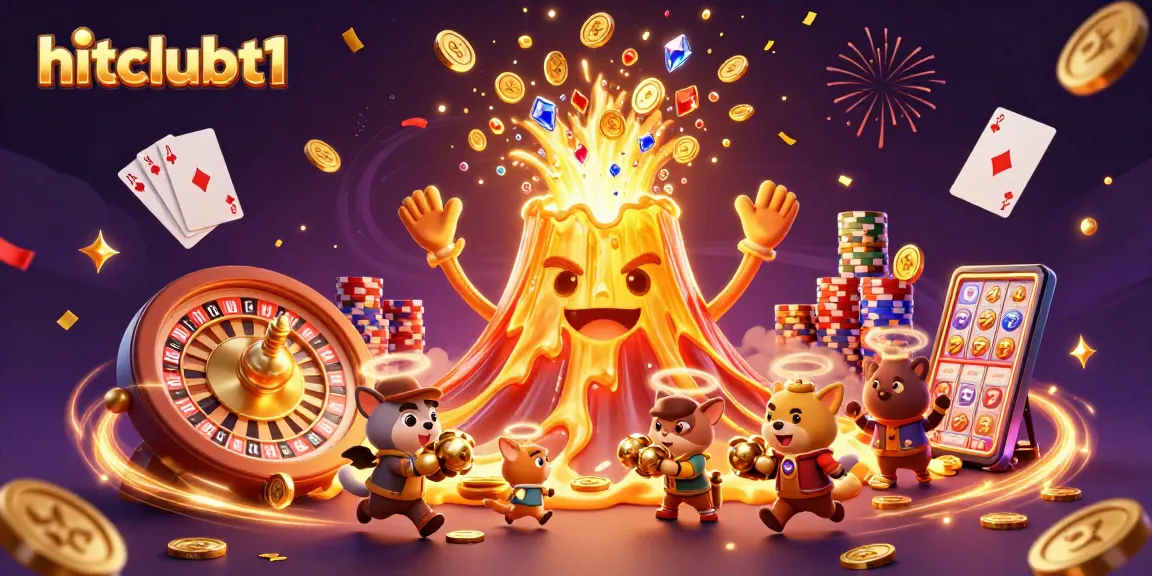 Experience thrilling wins at hitclubt1, where a golden volcano erupts with treasures in a dynamic scene.