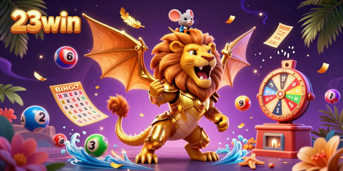 Engage in games of chance at 23win with vibrant lottery elements and a triumphant chimera.