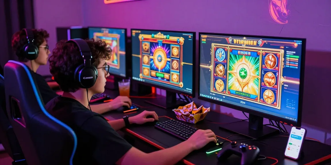 Engaged player enjoying vibrant slot games on multiple screens.