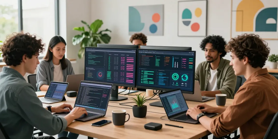 Collaborative coding session at a digital workspace, highlighting telegraimin.com team culture and innovation.
