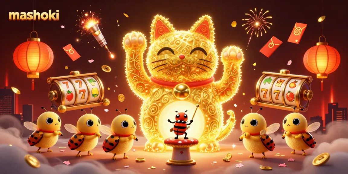 Experience thrilling action with mashoki's vibrant lucky cat illustration showcasing casino symbols.