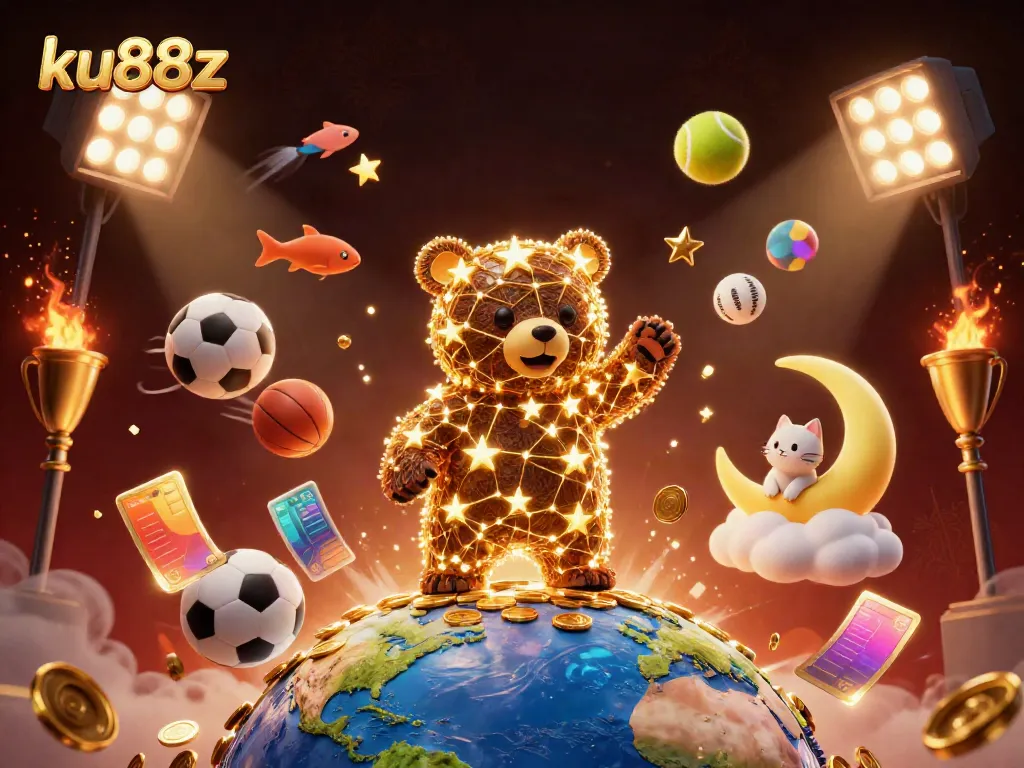 Engage with ku88z at a dynamic casino, where a constellation bear and sports elements create an exciting atmosphere.