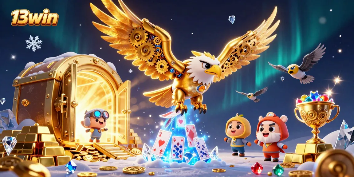 Win big with 13win, featuring a golden eagle amidst holographic cards in a vibrant casino setting.