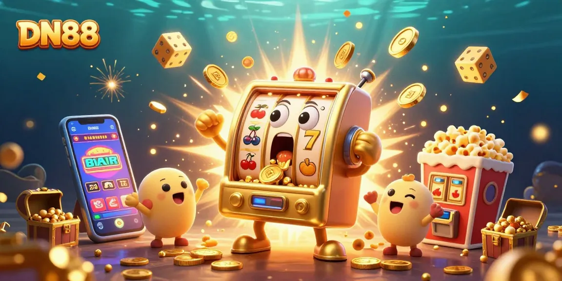 Engaging slot machine experience at DN88 with gold coins bursting and cheerful machines.