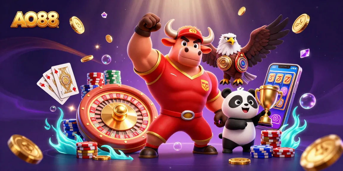 Experience the excitement of AO88 with a vibrant 3D illustration of casino wins and lucky symbols.