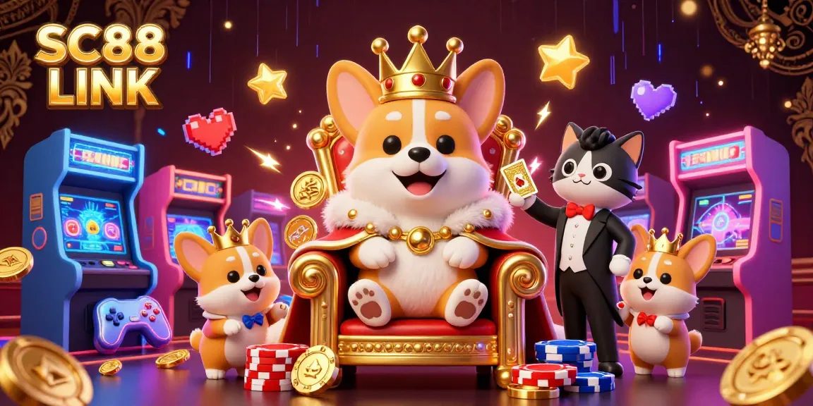 Interact with SC88 LINK, the royal corgi casino, amidst vibrant 3D game elements and neon glows.