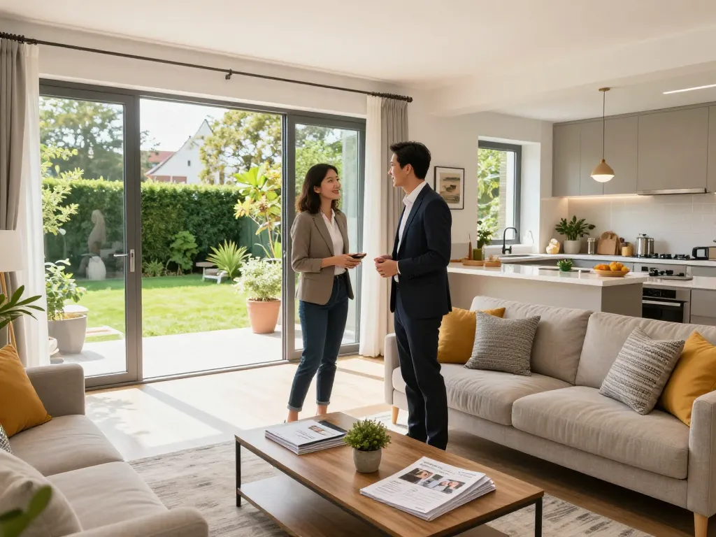 Immobilienmakler Frankfurt Riedberg präsentiert potenziellen Käufern ein modernes Familienhaus in einem hellen, gestalteten Wohnzimmer.