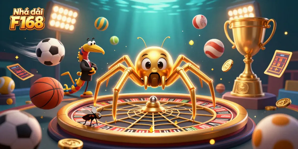 Engage in thrilling bets at Nhà cái F168 as a golden spider spins a roulette wheel surrounded by dynamic sports elements.