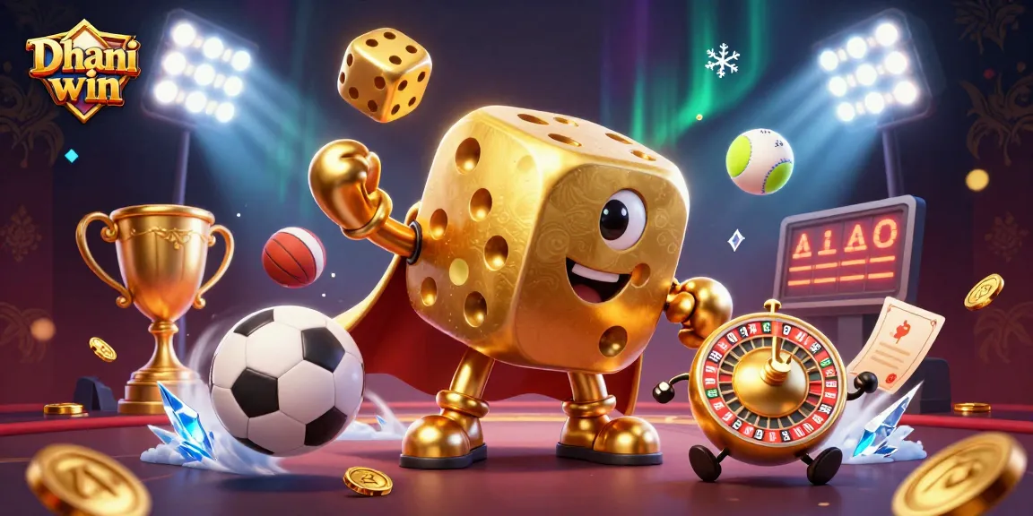 Dive into Dhani win, a dynamic 3D illustration showcasing a golden dice golem with gambling elements.