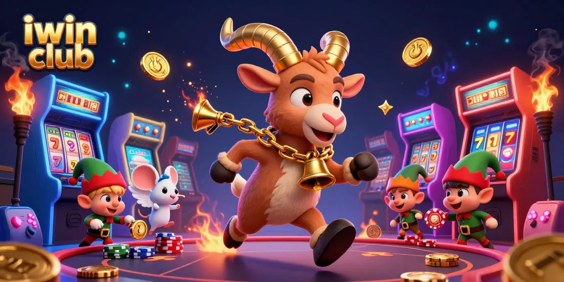 Engage with the festive iwin club casino scene featuring a Krampus goat, angel mouse, and gremlins.