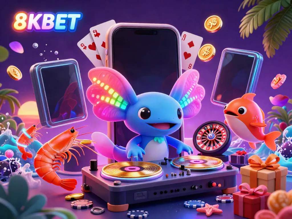 Celebrate wins at 8KBET with vibrant gaming excitement featuring a DJ axolotl and lively sea creatures.