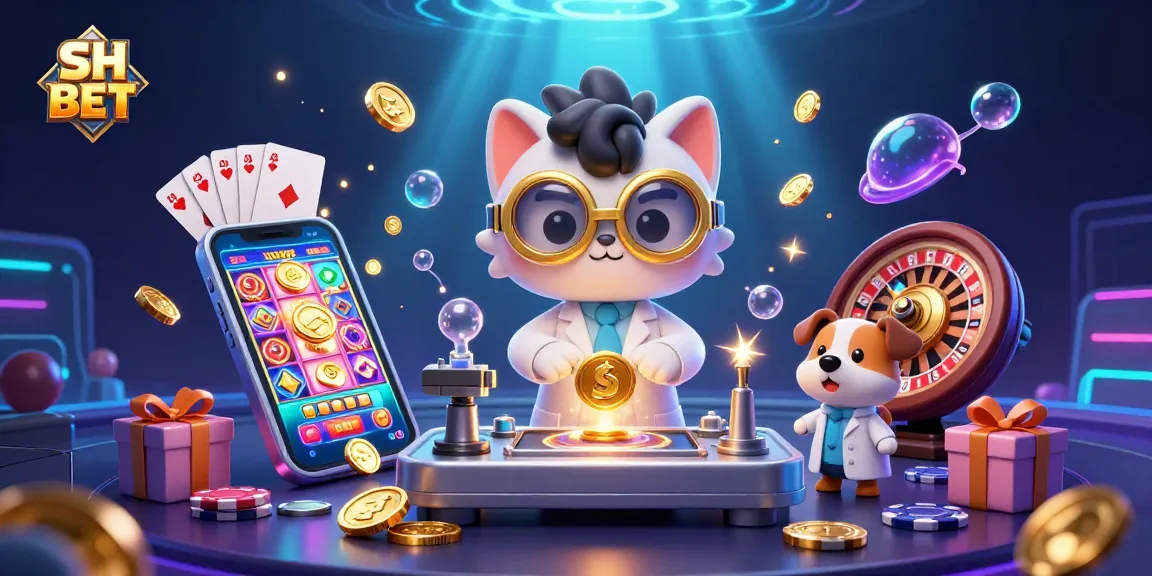 Experience the thrill of SH BET with this vibrant 3D illustration showcasing a mad scientist cat and assistant amidst casino elements.
