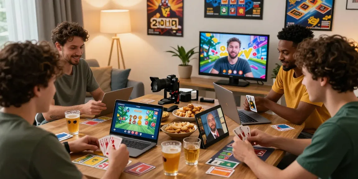 Friends enjoying card games on rikvip platform in a cozy living room setting.