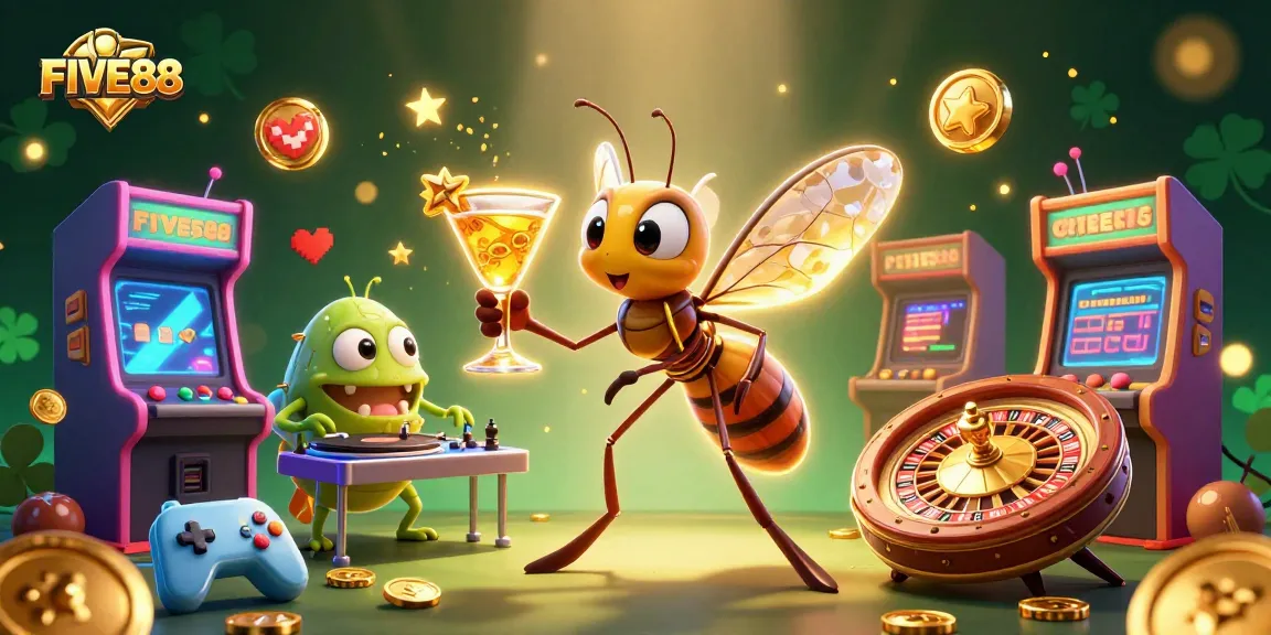 Experience the thrill of FIVE88 with vibrant gaming elements and unique characters in a colorful casino scene.