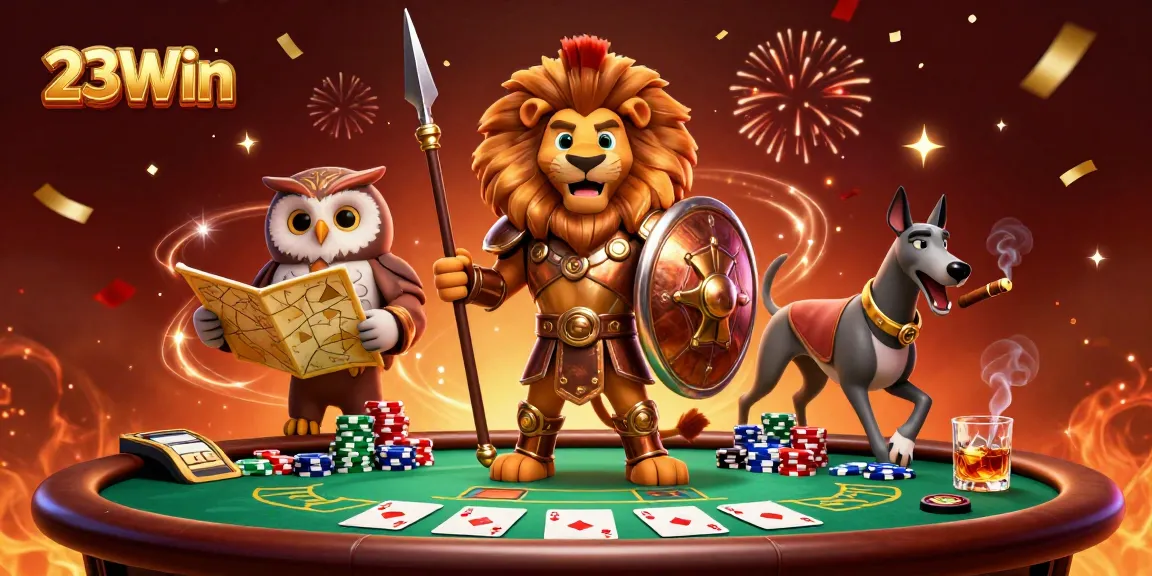Experience thrilling gameplay with 23Win as the Spartan lion, tactical owl, and swift greyhound strategize at the poker table.