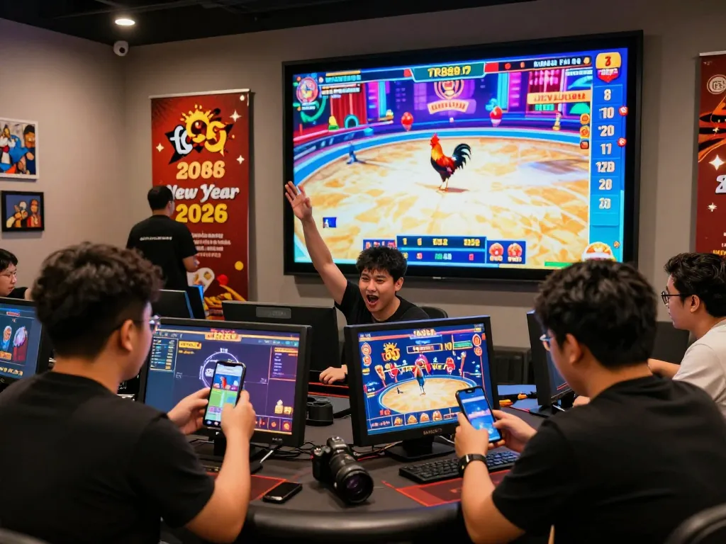 Players enjoying TR88 online betting experience with live rooster fights and casino games in a vibrant gaming lounge.