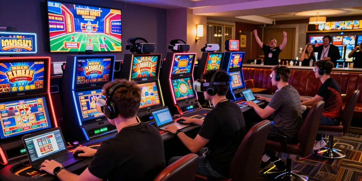 Players enjoying interactive games on raja328 gaming platform amidst vibrant neon lights.