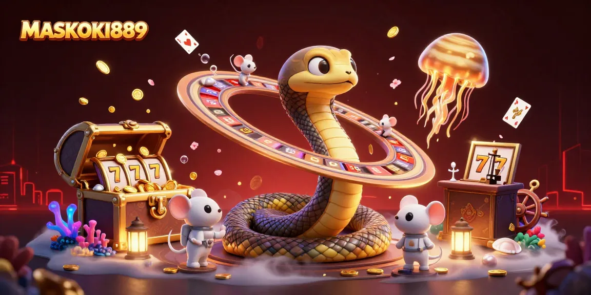 Engage in tantalizing slots at MASKOKI889, with a vibrant 3D illustration of a roulette wheel and bets being placed.