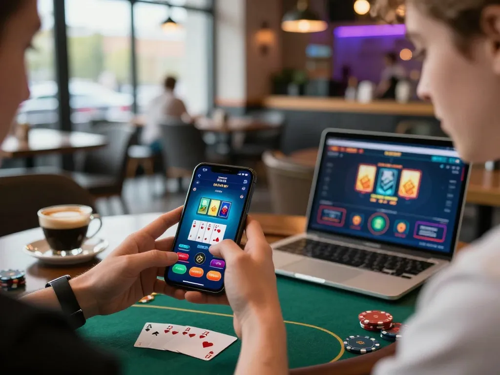 Engager une partie de poker dans un casino crypto sans KYC, des joueurs utilisant des applications pour un jeu stratégique tout en profitant de l'anonymat.