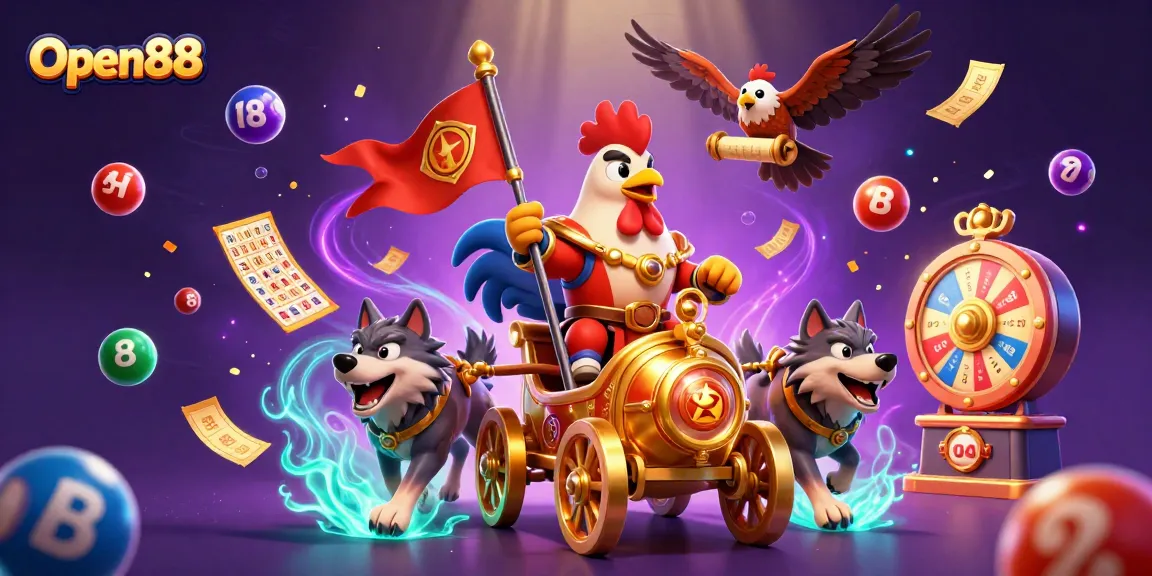 Experience Open88 gaming excitement with a colorful lottery scene featuring a rooster warlord and dynamic elements.