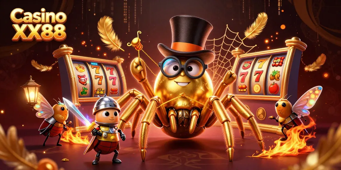 Engage with the dynamic scene of Casino XX88 featuring a giant tarantula and knight in a rich gambling atmosphere.