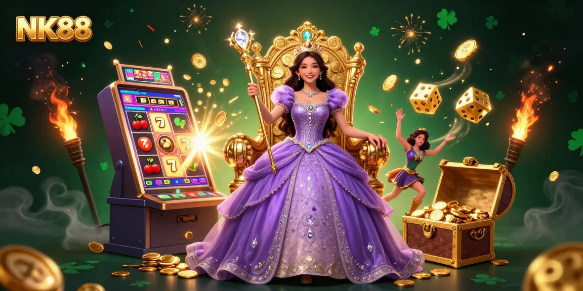 Spin the reels at NK88 with a beautiful princess and golden treasures in a vibrant casino scene.