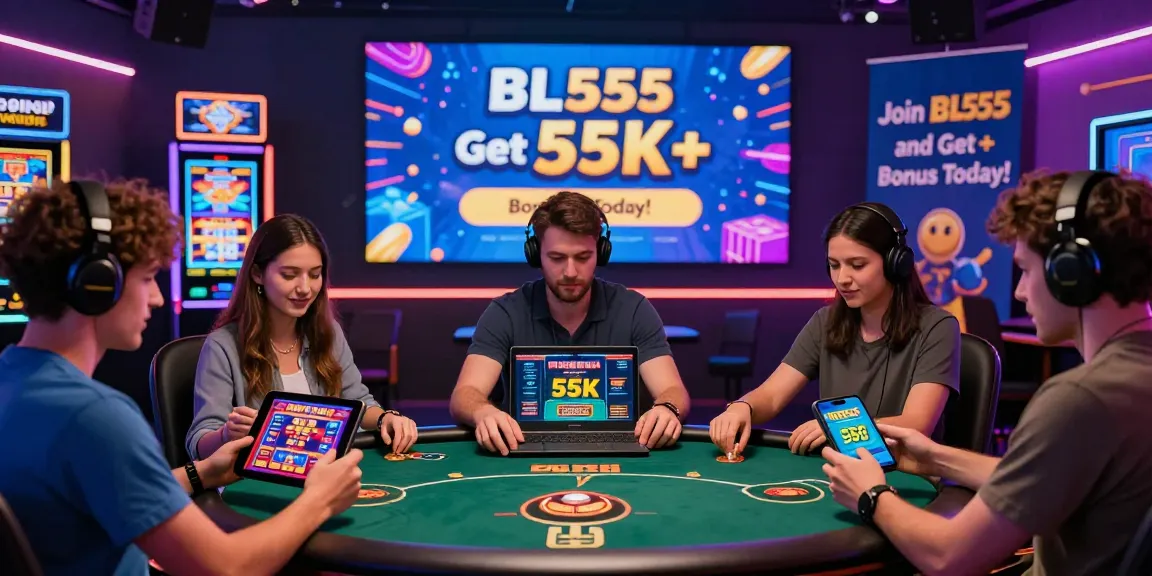 Dynamic gaming atmosphere at https://bl555.investments/ with diverse players enjoying casino games, promoting exciting bonuses.