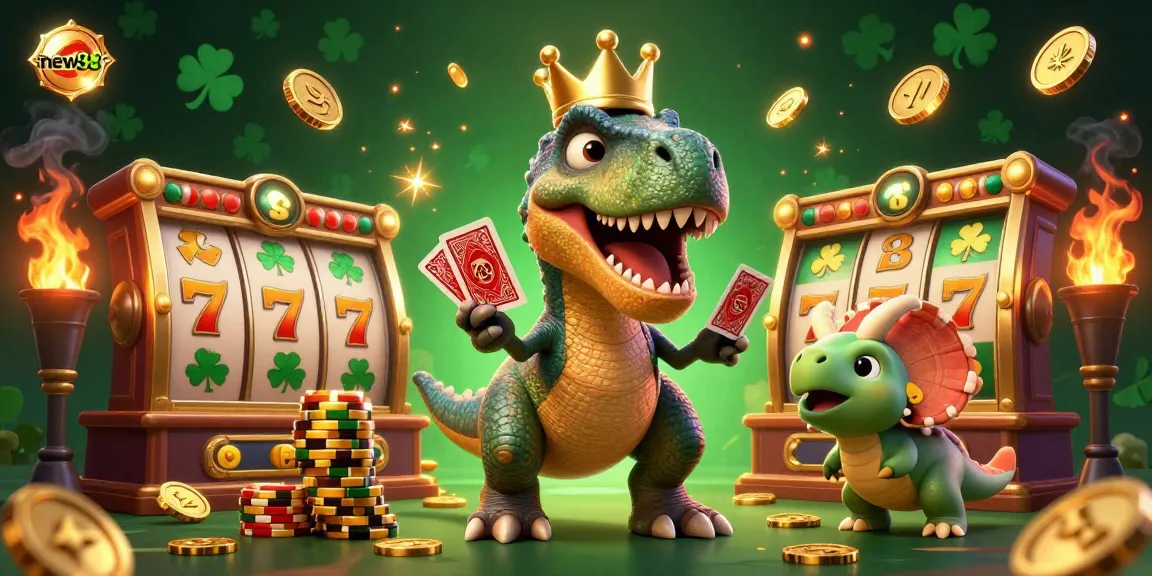 Enjoy thrilling slot games at new88 with a vibrant scene featuring a cartoon T-Rex and friends surrounded by gold coins and lucky symbols.