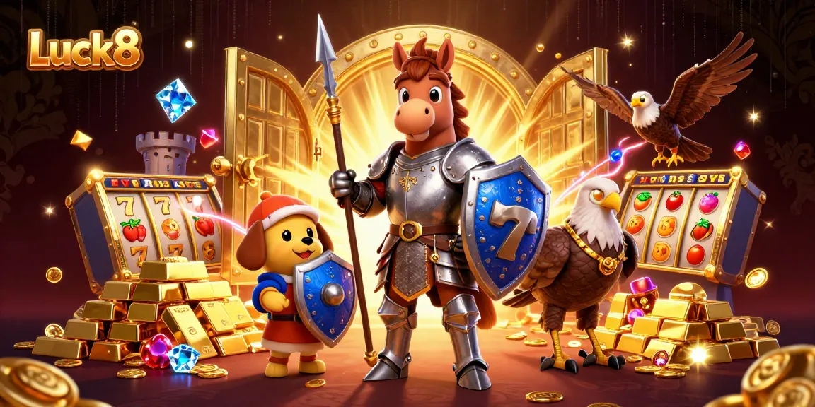 Engage with the vibrant casino atmosphere at Luck8 featuring characters and sparkling treasure.