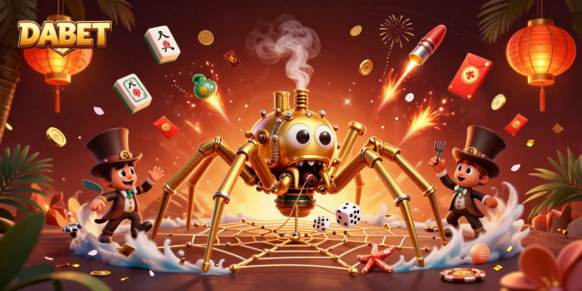 DABET showcases a steampunk spider in a golden web, capturing dice amidst vibrant casino elements.