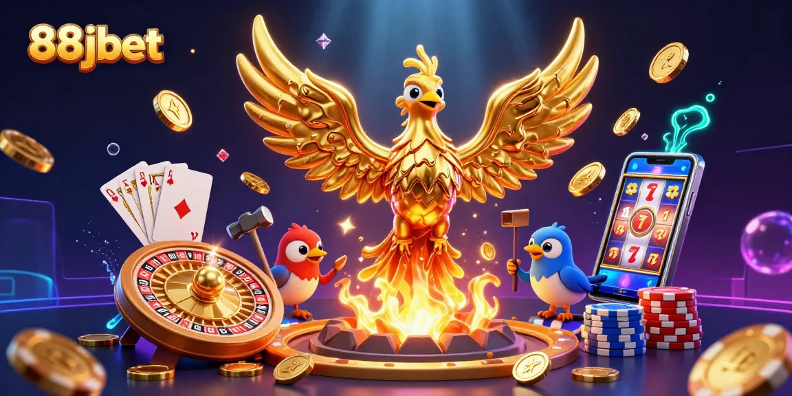 Experience exhilarating gaming at 88jbet with golden phoenix soaring, coins cascading, and vibrant casino excitement.