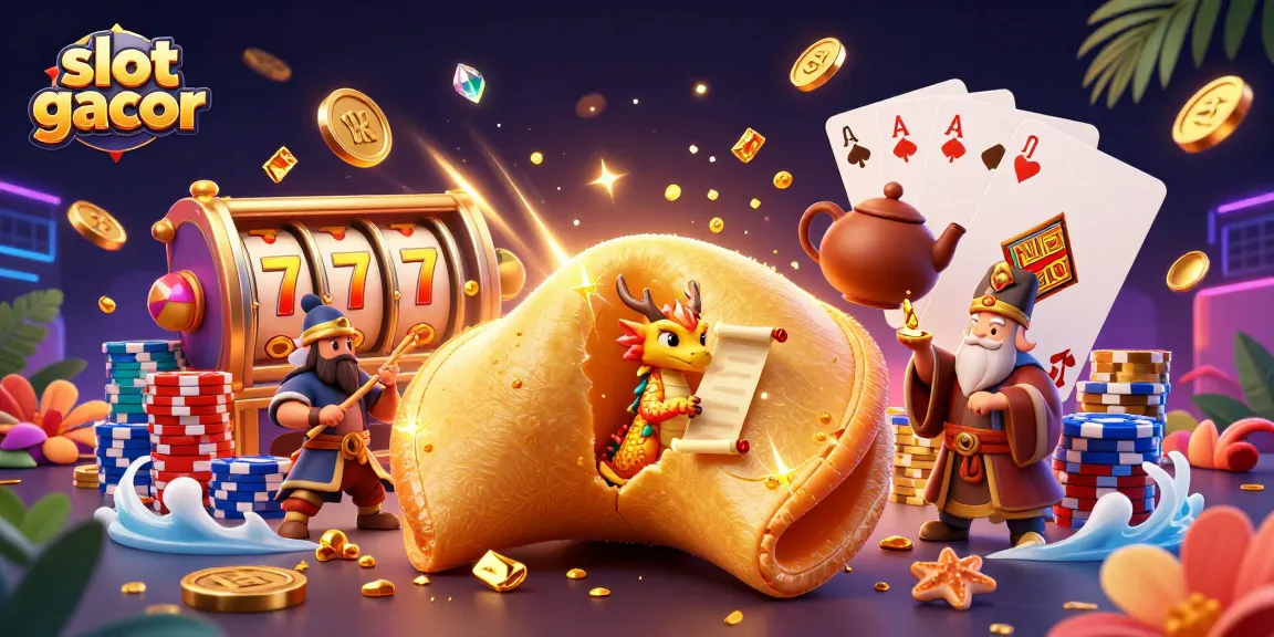 Experience thrilling wins with slot gacor, featuring a dynamic scene filled with fortune cookies and golden treasures.