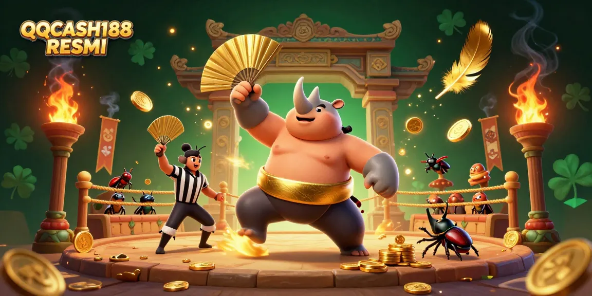 Engage with QQCASH188 RESMI by experiencing a thrilling casino battle featuring dynamic golden coins and vibrant characters.