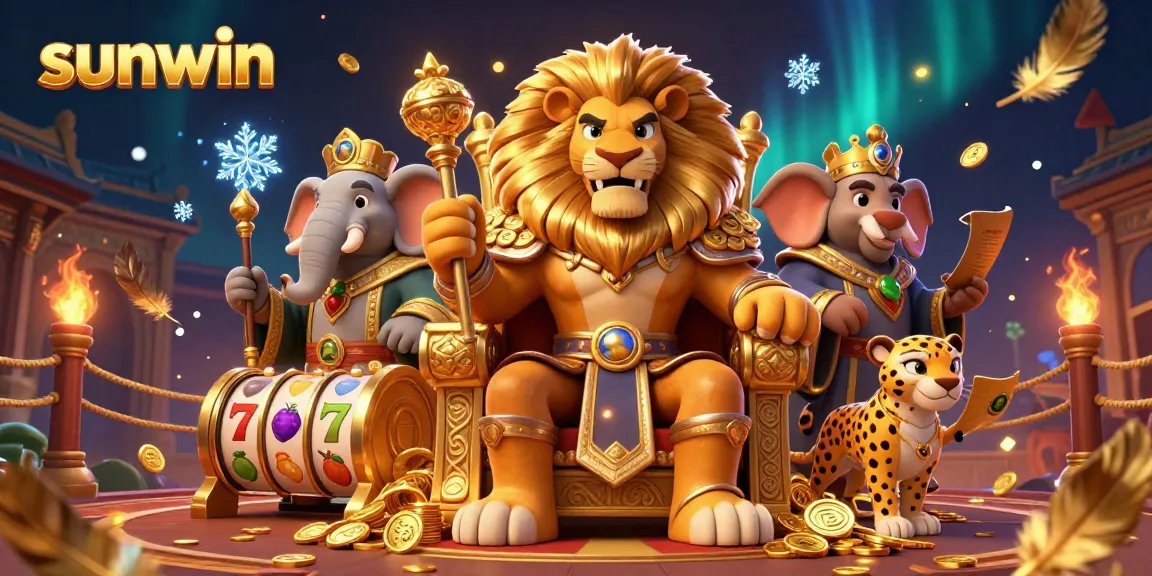 Experience the thrill at sunwin with a regal lion king and vibrant casino elements in a dynamic 3D scene.