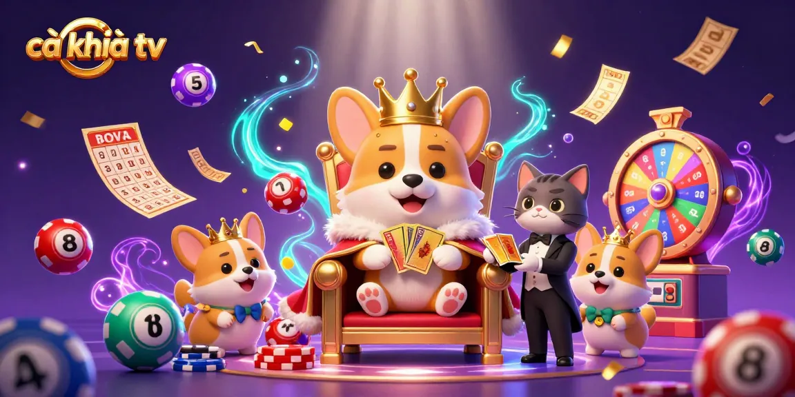 Experience the excitement at cà khịa tv while enjoying vibrant lottery balls and a royal corgi amidst a jackpot scene.