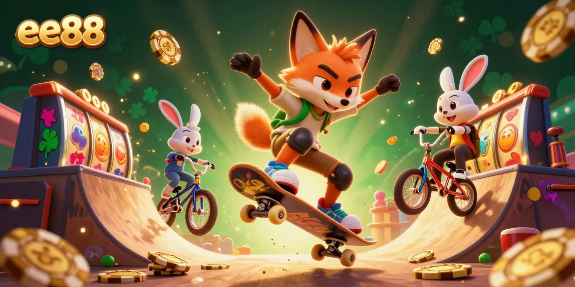 Experience thrills at ee88 with a cartoon fox showcasing skills over golden poker chips and slot elements.
